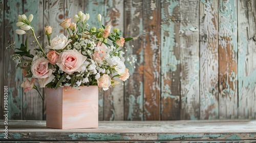 A gorgeous delicate flower bouquet displayed in a pretty pink box rests against a rustic wooden backdrop leaving room for text photo