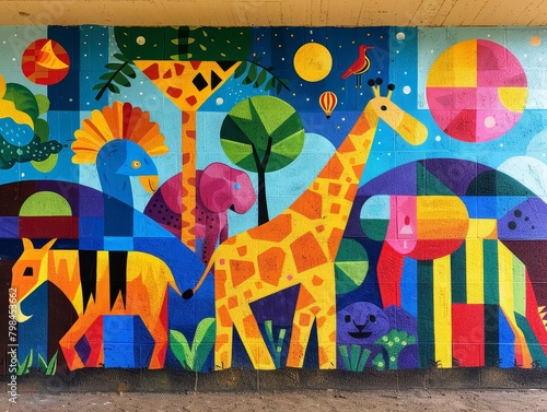 Murals of colorful geometric animals on a playground wall.