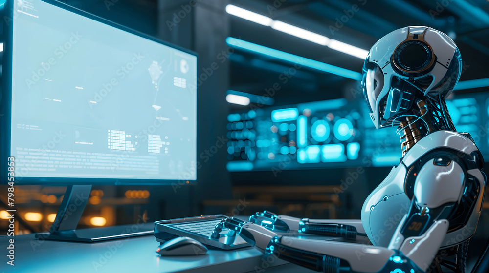 A Robot In Front of White Blank Screen Monitor A Robot In Front of White Blank Screen Monitor