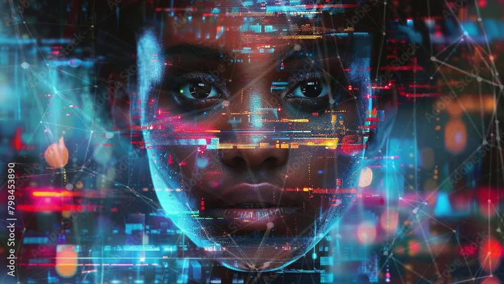 Black woman cyber security expert. With AI code illusminated overlay ...