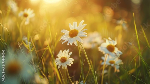 A beautiful spring meadow with daisies and grass in sunlight