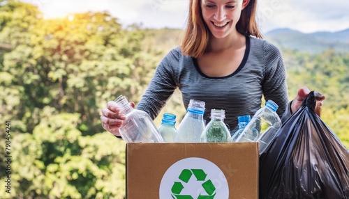 Recycling concept: Woman Holding Box Full of Plastic Bottles