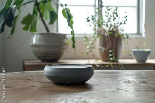 sleek gray wireless bluetooth speaker floating in minimalist setting