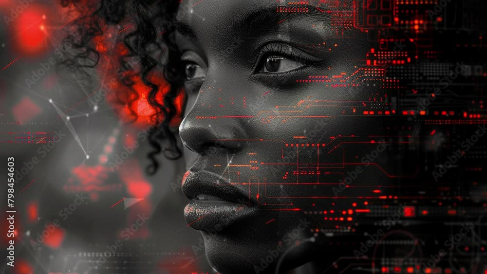 Black woman cyber security expert. With AI code illusminated overlay around her. Working in a data center. Female Computer Engineer. Background with flying patterns. Generate AI. Black woman cyber security expert. With AI code illusminated overlay around her. Working in a data center. Female Computer Engineer. Background with flying patterns. Generate AI.