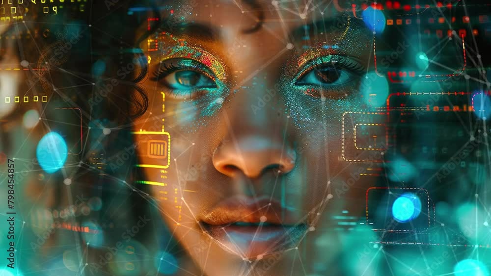 Black woman cyber security expert. With AI code illusminated overlay around her. Working in a data center. Female Computer Engineer. Background with flying patterns. Generate AI. Black woman cyber security expert. With AI code illusminated overlay around her. Working in a data center. Female Computer Engineer. Background with flying patterns. Generate AI.