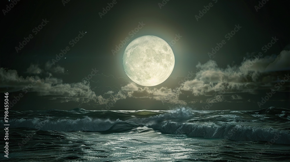 A full moon is rising over the ocean. The waves are gently crashing on the shore. The sky is dark and there are some clouds in the sky.

