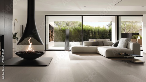 A black minimalist bioethanol fireplace blends seamlessly into the sleek and clean lines of this modern living space. 2d flat cartoon.