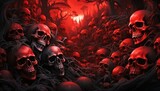 赤と黒の不気味な沢山の髑髏が落ちている地獄の背景イラスト