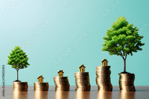 Business chart with arrow pointing upwards, growth coins stacing, and trees  illustrating financial growth photo