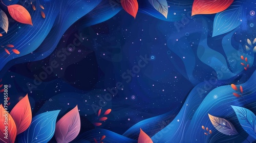 Blue abstract background with leaves.