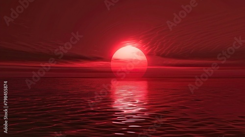 The image shows a red sunset over a calm sea.  