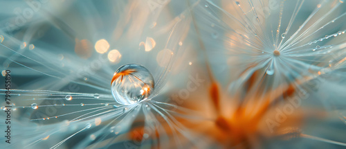 A close-up macro shot of a solitary water droplet suspended on a delicate dandelion seed, with a soft blurred background accentuating the subject's simplicity and detail through depth of field. photo