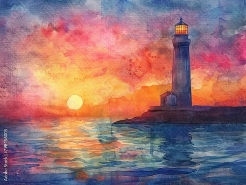 Hand drawn, serene watercolor of a lighthouse against a vibrant pastel toned sky, peaceful sea