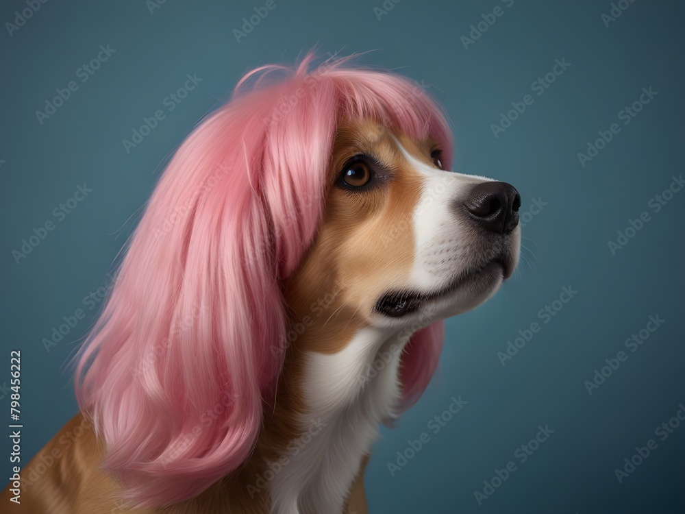 Funny side view of a dog with a pink wig licking on a blue background. Teenage hair style that is stylish and kooky. Cute pet Jack Russell terrier with its tongue out and its eyes up. The latest style