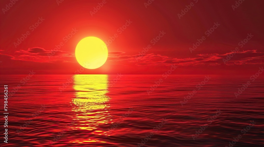 The image shows a red sunset over a calm sea.

