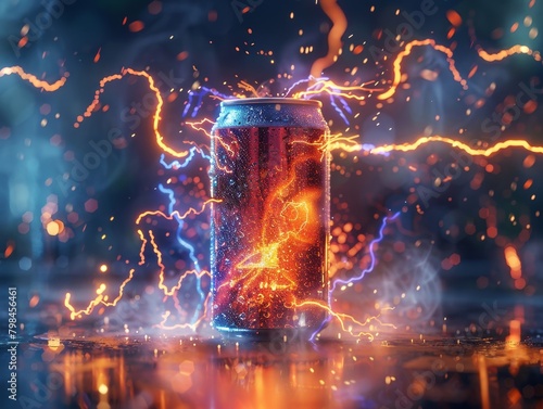A photo of a can of energy drink with blue and orange electric sparks around it.