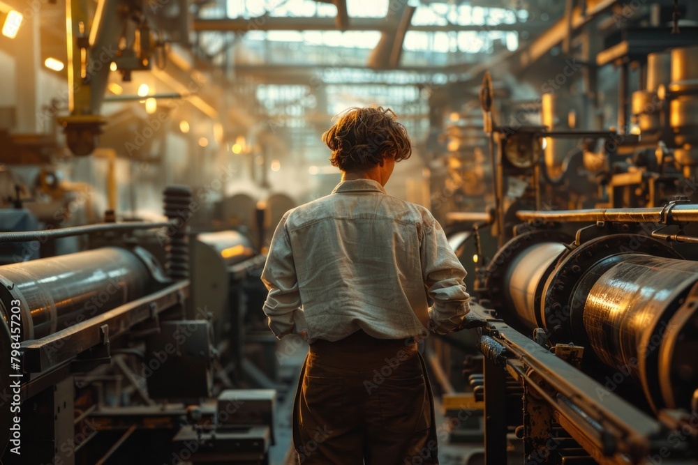 Fototapeta premium As the sun rises on International Labor Day, a factory worker reflects on the rhythm of machines and the pulse of humanity.
