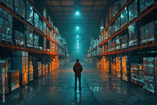 Beneath the fluorescent lights of a warehouse, a logistics worker orchestrates the dance of goods, bridging continents with each shipment. photo