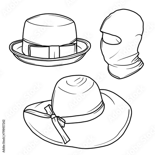 Vector various models of Hats doodle illustration hand drawn sketch line art, Containing Pork pie hat, Sun hat, Balaclava models isolated on white background, For kids coloring book.