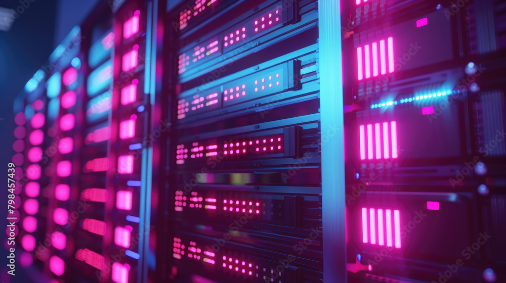 Server Room with Illuminated Racks in Modern Data Center