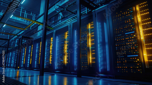 Server Room with Illuminated Racks in Modern Data Center