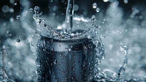 A can of soda with water splashing around it.