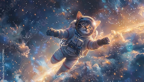 A brave cat astronaut is floating in space. The cat is wearing a spacesuit and has a determined look on its face. The background is a colorful nebula.