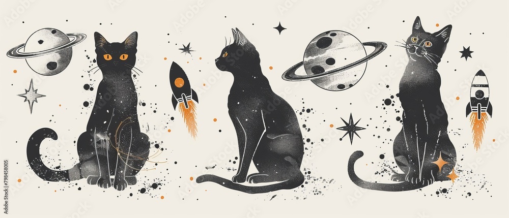 A black cat sitting on the moon with a rocket. The cat is looking at the stars. A black cat sitting on the moon with a rocket. The cat is looking at the stars.