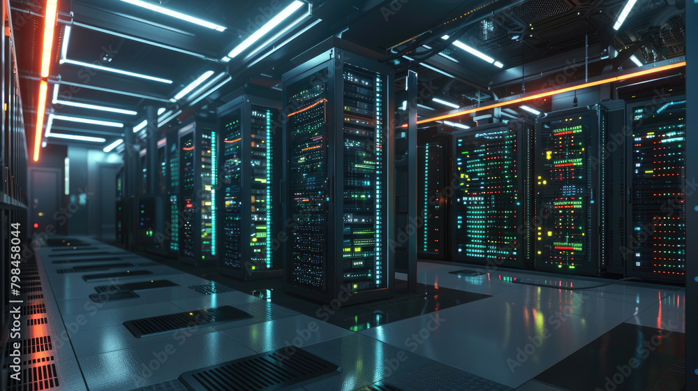 Fototapeta premium Server Room with Illuminated Racks in Modern Data Center