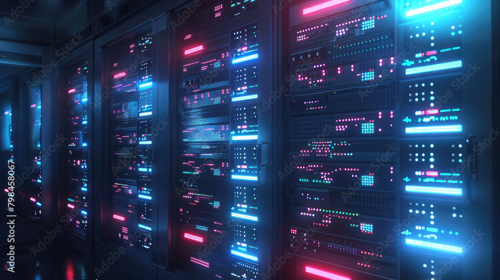 Server Room with Illuminated Racks in Modern Data Center Server Room with Illuminated Racks in Modern Data Center