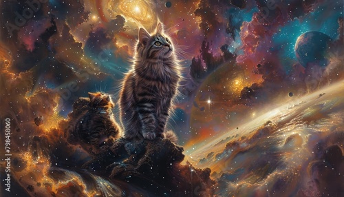 A beautiful space cat is sitting on the edge of a cliff, looking out over a vast and colorful nebula