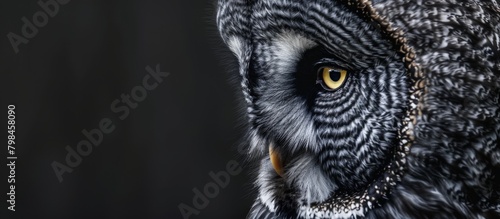 Wildlife close-up featuring a majestic black and white owl with captivating yellow eyes in a natural habitat