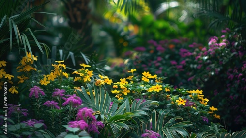 In a vibrant botanical garden lush greenery serves as a backdrop to a stunning display of purple flowers intermingled with bursts of yellow blooms