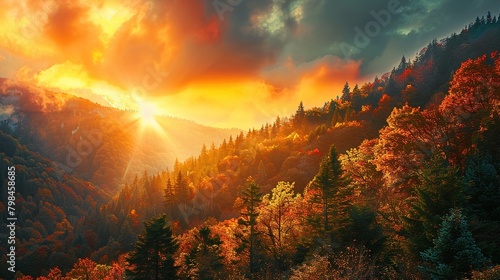 This is an image of a mountain landscape. The sky is a bright orange and yellow color, and the sun is setting behind the mountain. The mountain is covered in snow, and the trees are a mix of green, ye