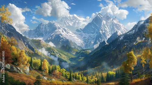 This is an image of a mountain valley. The mountains in the background are covered in snow. The valley is filled with trees and a river runs through the middle of it.