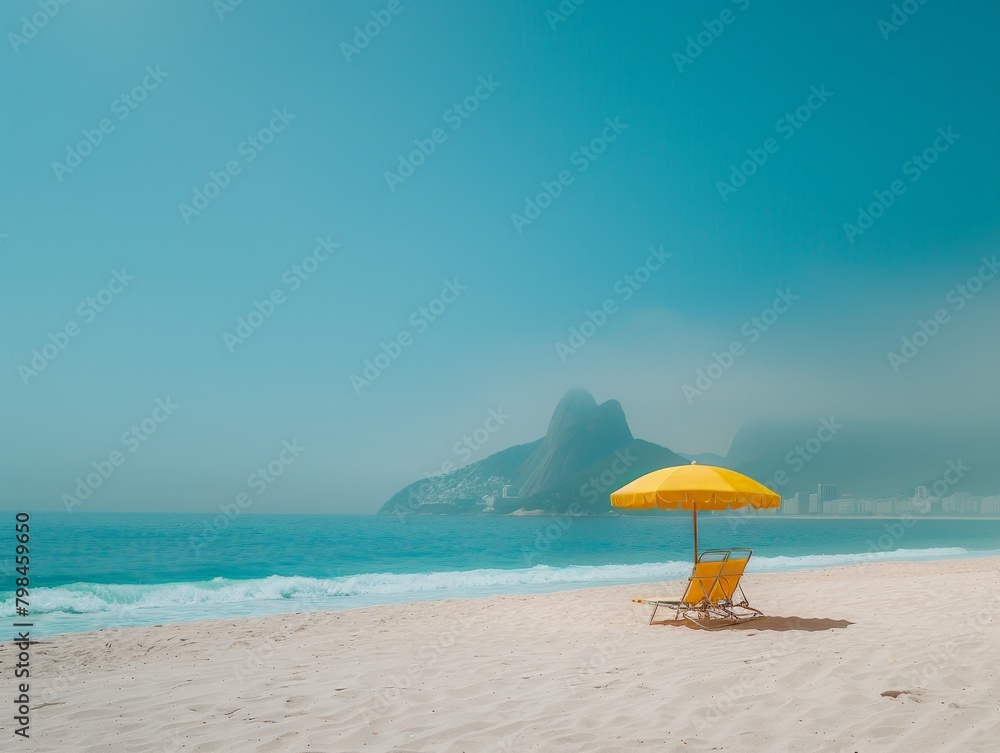 An Ipanema Beach, with only a lone umbrella and chair in the frame.