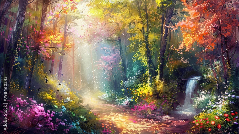 This is a painting of a colorful forest with a path leading through it. There is a waterfall on the right side of the path and many different kinds of flowers and plants on either side.  