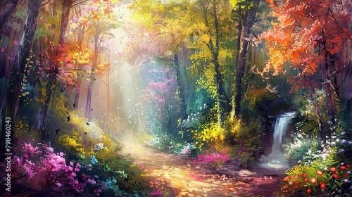 This is a painting of a colorful forest with a path leading through it. There is a waterfall on the right side of the path and many different kinds of flowers and plants on either side.  