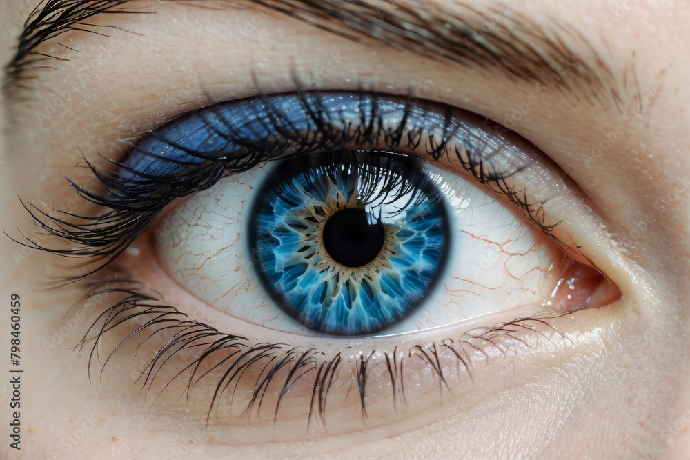 Fototapeta premium A detailed image showcasing a striking blue eye with lengthy eyelashes set against a crisp white backdrop captures the beauty of the human body iris in shades of azure design.