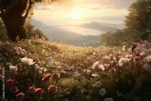 Meadow with Spring flowers wilderness landscape sunlight