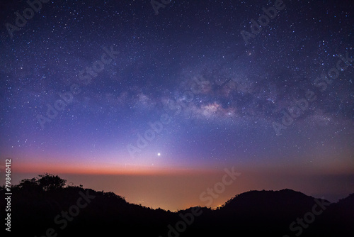 landscape silhouette tree on high moutain before sunrise with milky way galaxy