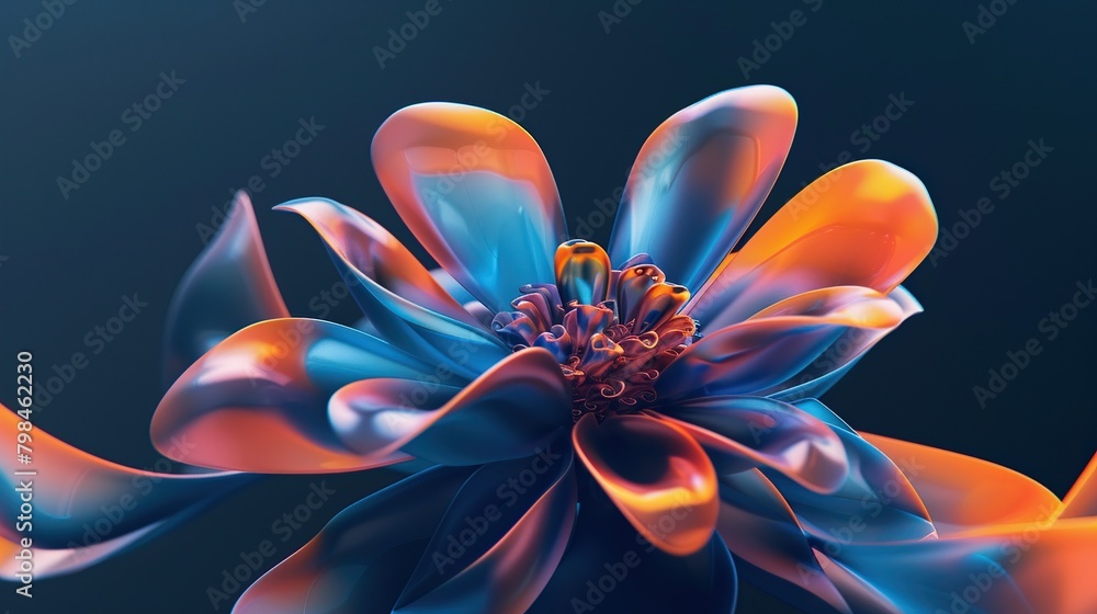 This is a 3D rendering of a flower with 5 petals. The petals are blue and orange and the edges of the petals are glowing. The flower is sitting on a reflective surface.

