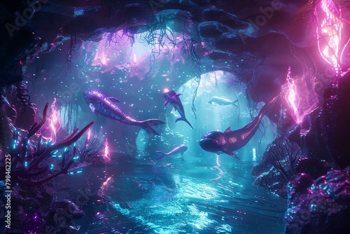 Visualize a pod of mermaids elegantly gliding through a luminescent underwater cavern, surrounded by glowing sea creatures Utilize 3D CG rendering to create a dynamic composition with a unique perspec