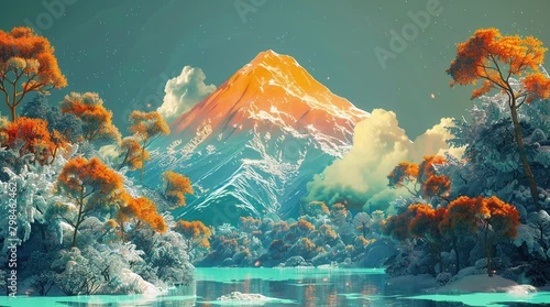 Radiant Summit: Atop the majestic mountain, sunlight dances upon the snow-capped peaks, causing the rocks to shimmer Seamless looping 4k time-lapse virtual video animation background. Generated AI photo