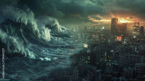 Dramatic Tsunami in Tokyo, Japan: Massive Waves Sweeping Through Cityscape © Exnoi