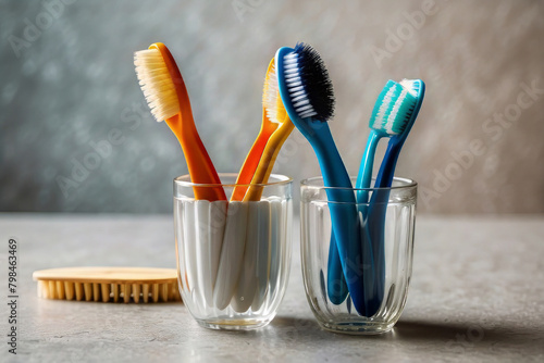 There are many toothbrushes in a cup on a table: wet brushes, brushes, z-brush, brush hard, featured on z brush, holding a yellow toothbrush, brush, fine brush, broad brush, washy brush photo