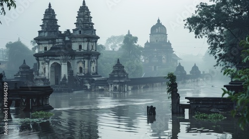 Dramatic Flood in Ancient City: River Overflows, Landmarks Surrounded by Water photo