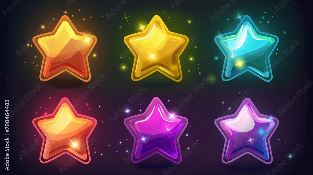 Set of colorful star isolation on dark background, game icons set, Illustration Set of colorful star isolation on dark background, game icons set, Illustration