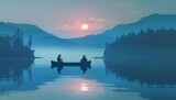 lovers in a canoe on a calm lake, misty morning, tranquil, wide shot