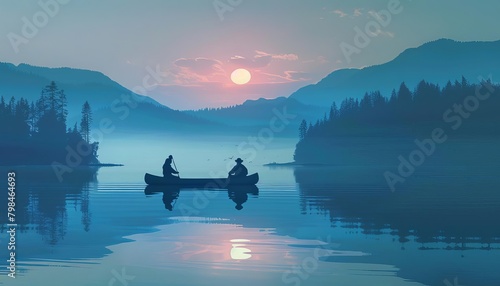 lovers in a canoe on a calm lake, misty morning, tranquil, wide shot